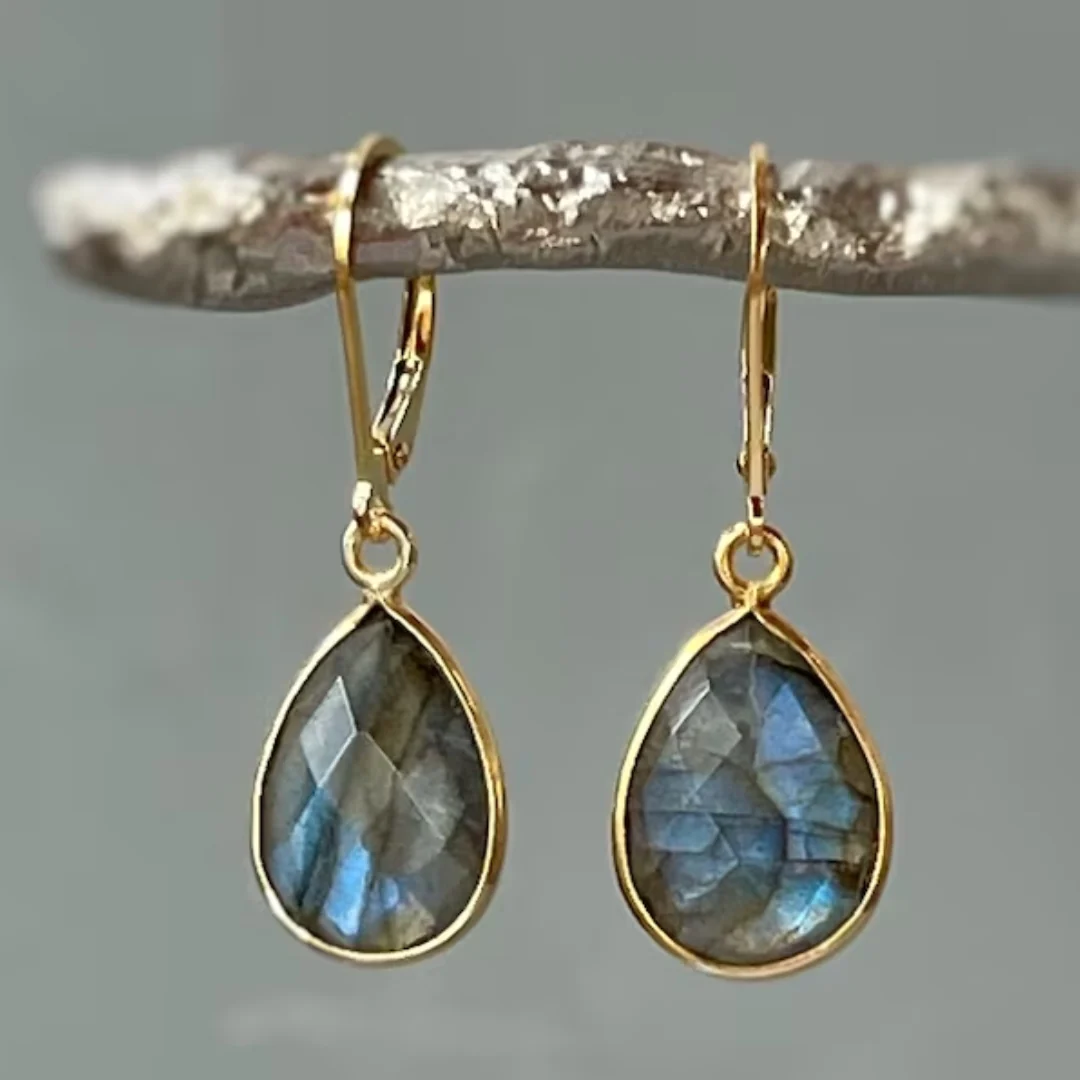 Aretes Gota de Cristal Azul Vintage en Oro