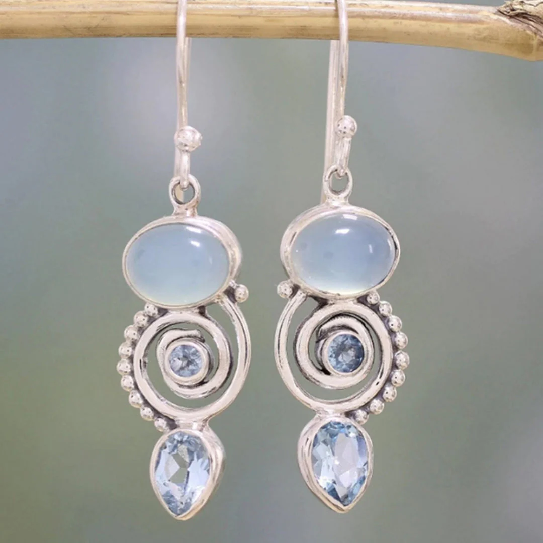 Aretes Vintage Piedra Lunar con Cristal en Plata