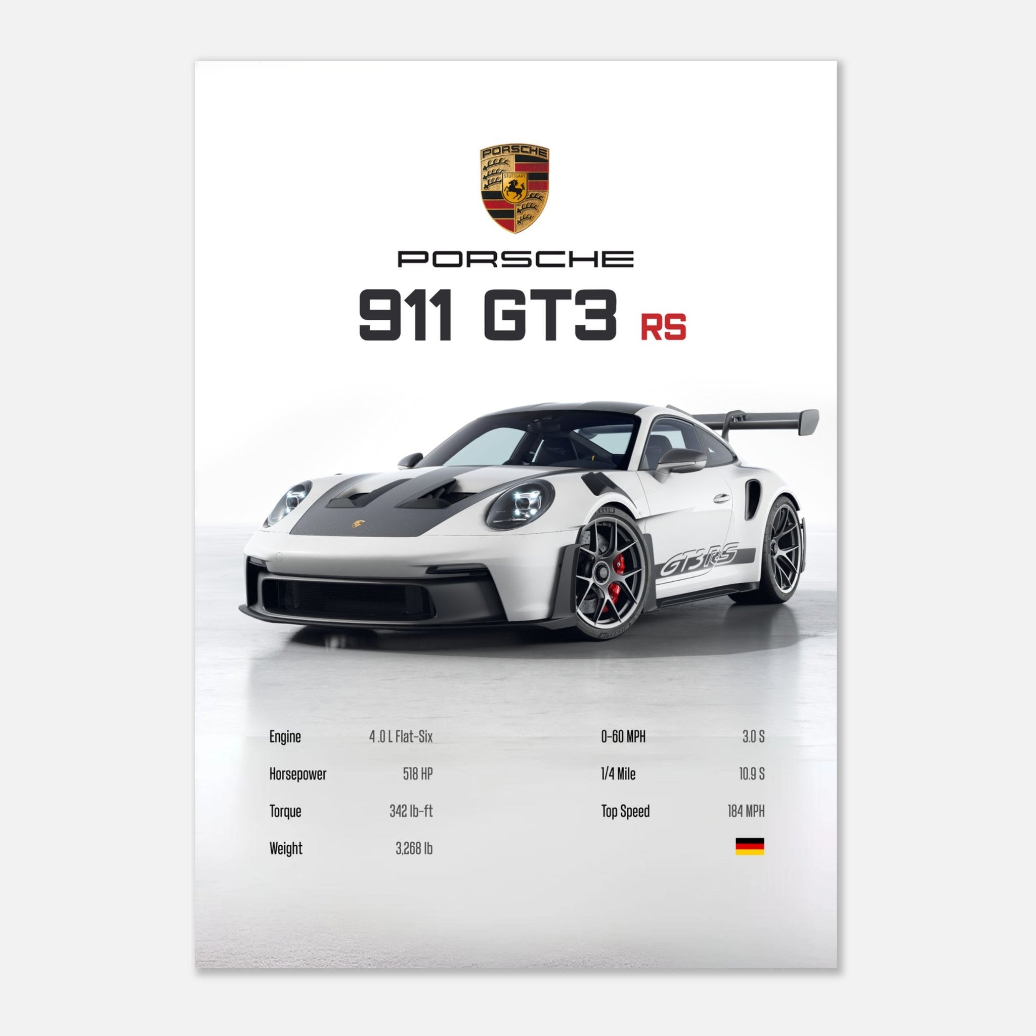 Porsche 911 GT3 RS Stats Poster White