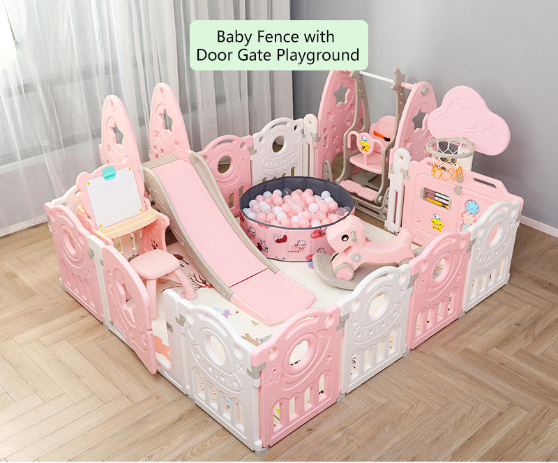 Valla de puerta para bebés con zona de juegos