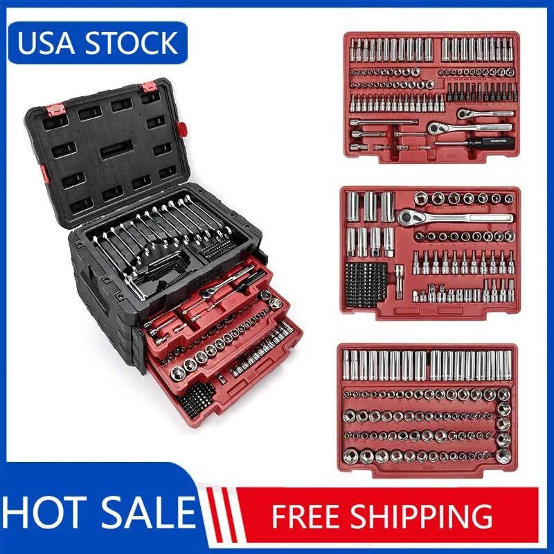 WORKPRO-Juego de Herramientas mecánicas, Kit profesional Universal con caja resistente, 450 piezas