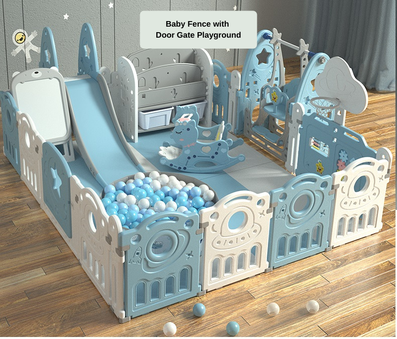 Valla de puerta para bebés con zona de juegos