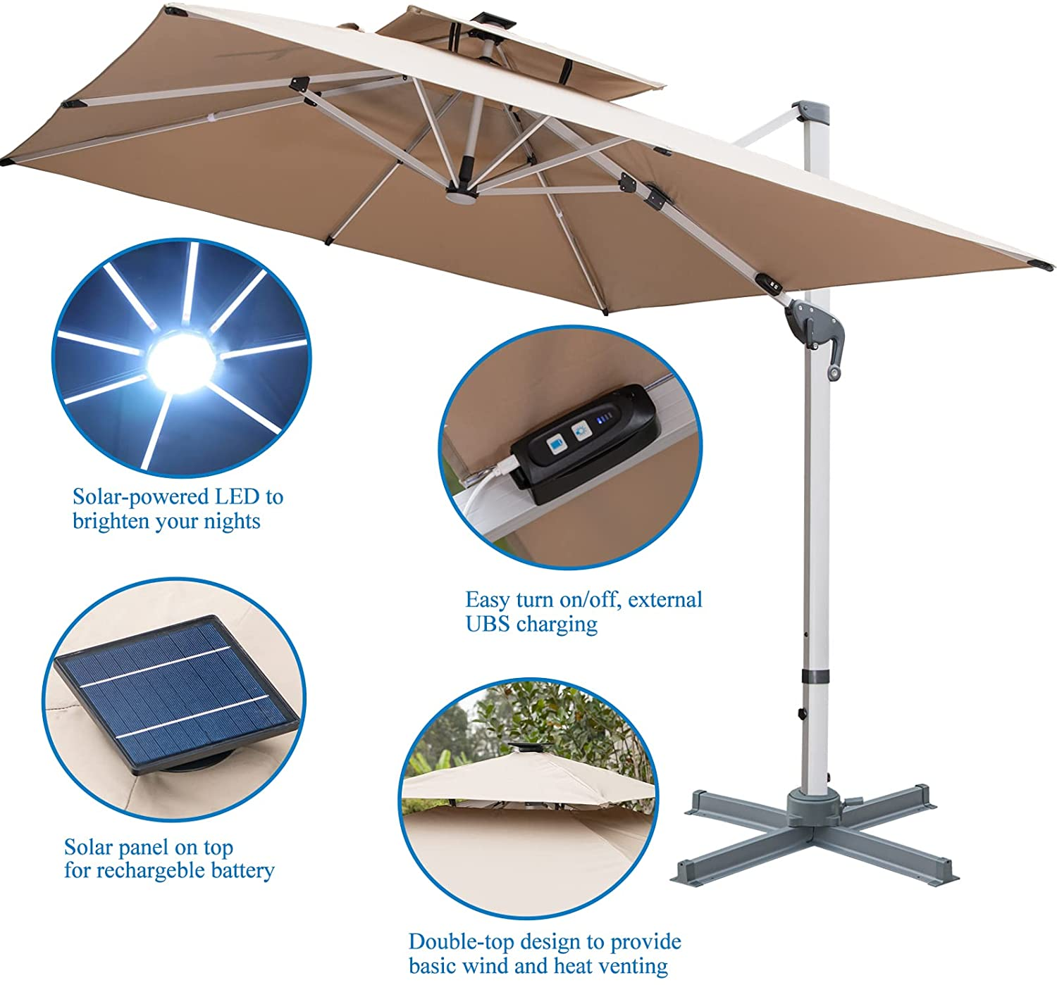 Guarda-chuva LED movido a energia solar para pátio