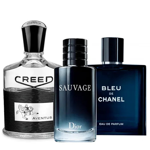 3 perfumes de hombre - Creed Aventus, Dior SAUVAGE, Bleu de Chanel 100