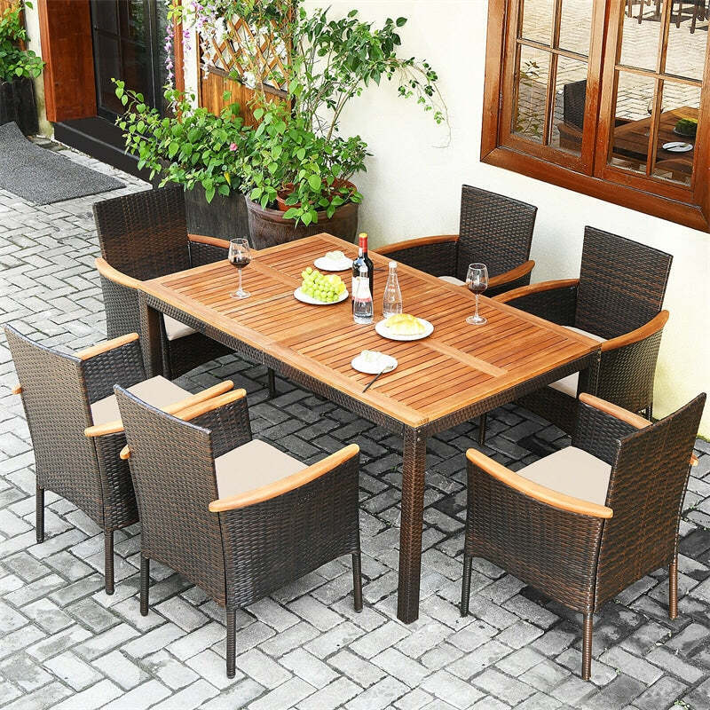 7 Piece Rattan Patio Dining Set with Acacia Wood Table & Stackable Wic