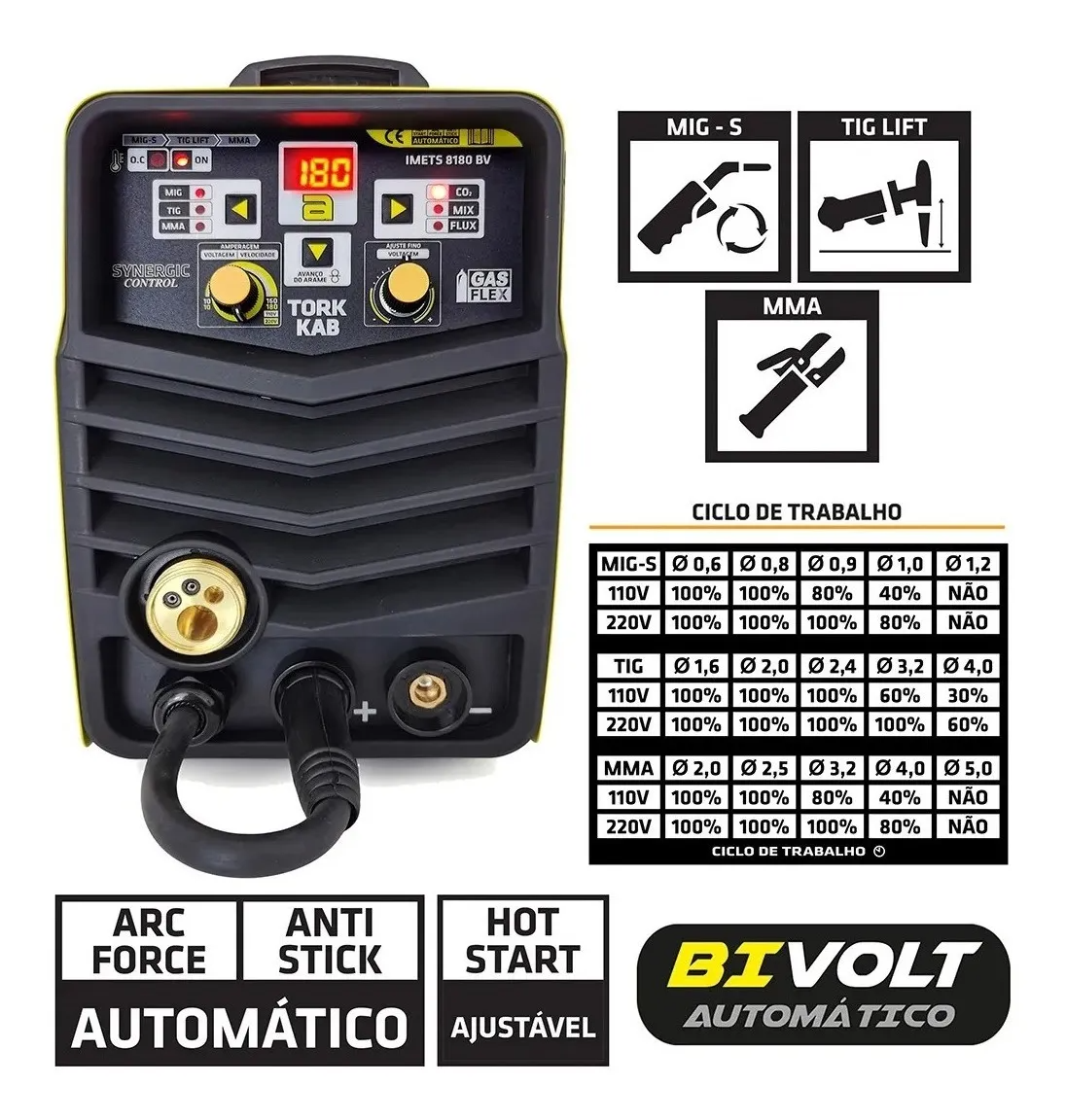 Tork Mig Mma Tig 180a 3 em 1 Soldador Inversor Bivolt