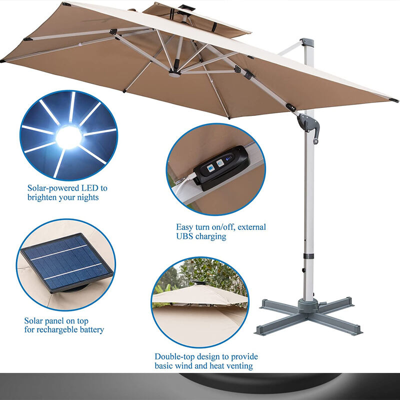 Guarda-sol de luxo quadrado duplo suspenso com luz solar LED