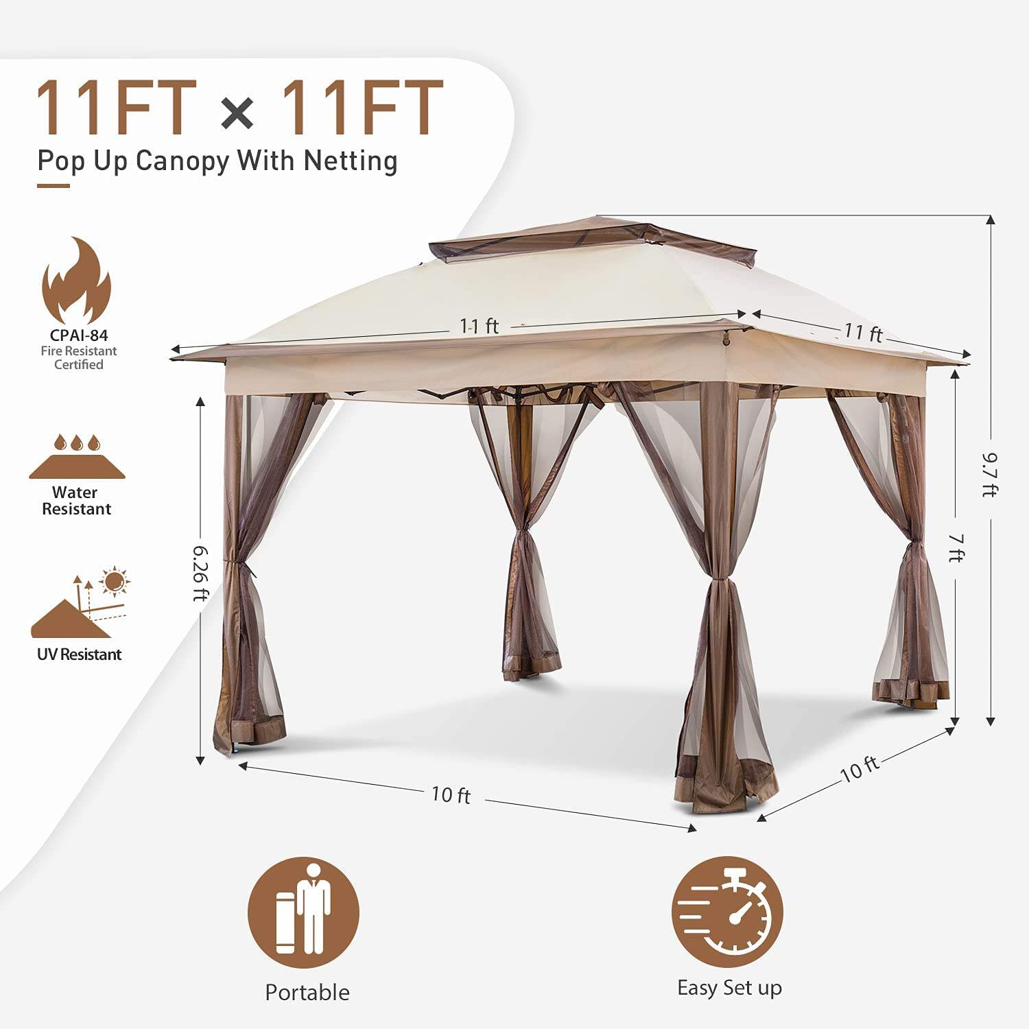 11x11 Pop-Up Instant Gazebo Tent with Mosquito Netting Outdoor Canopy