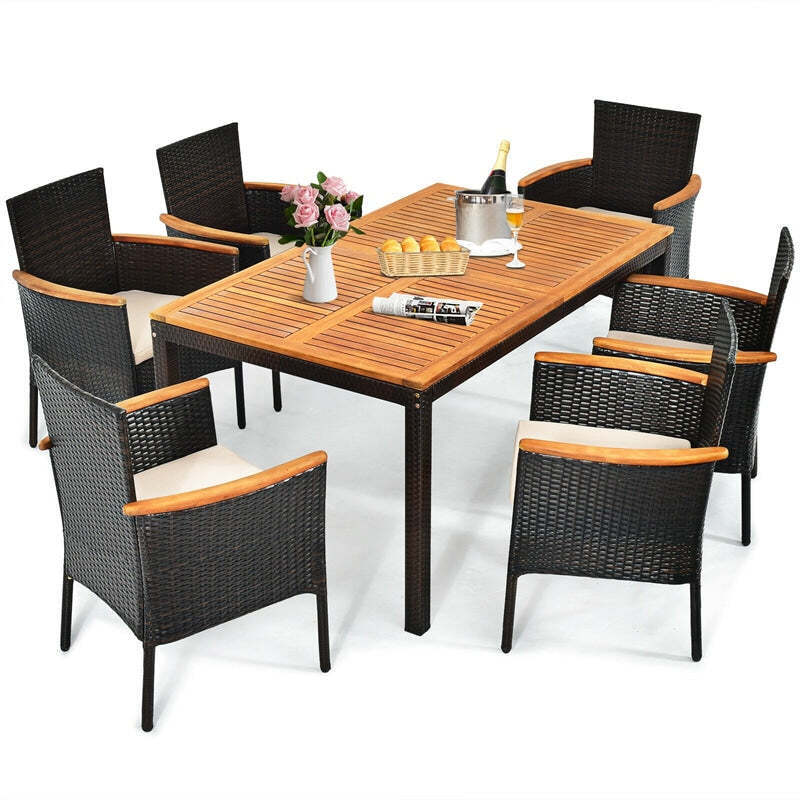 7 Piece Rattan Patio Dining Set with Acacia Wood Table & Stackable Wic