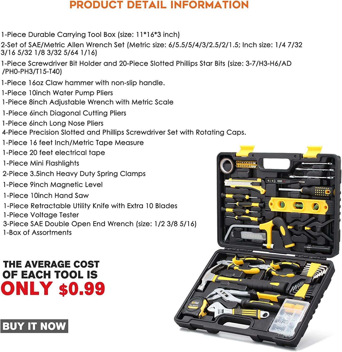 .218-Piece Tool Kit for Home, General Household Hand Tool Set with Sol