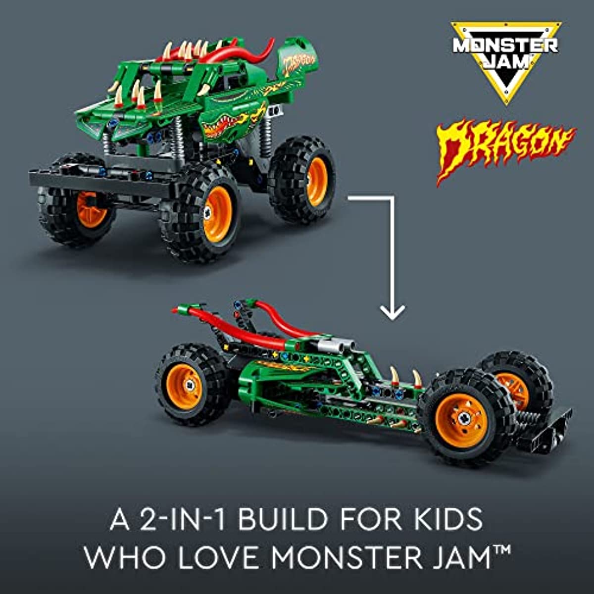 LEGO Technic Monster Jam Dragon 42149, Monster Truck Toy for Boys and Girls, 2in1 Racing Pull Back Car Toys for Off Road Stunts, Kids Birthday Gift Idea