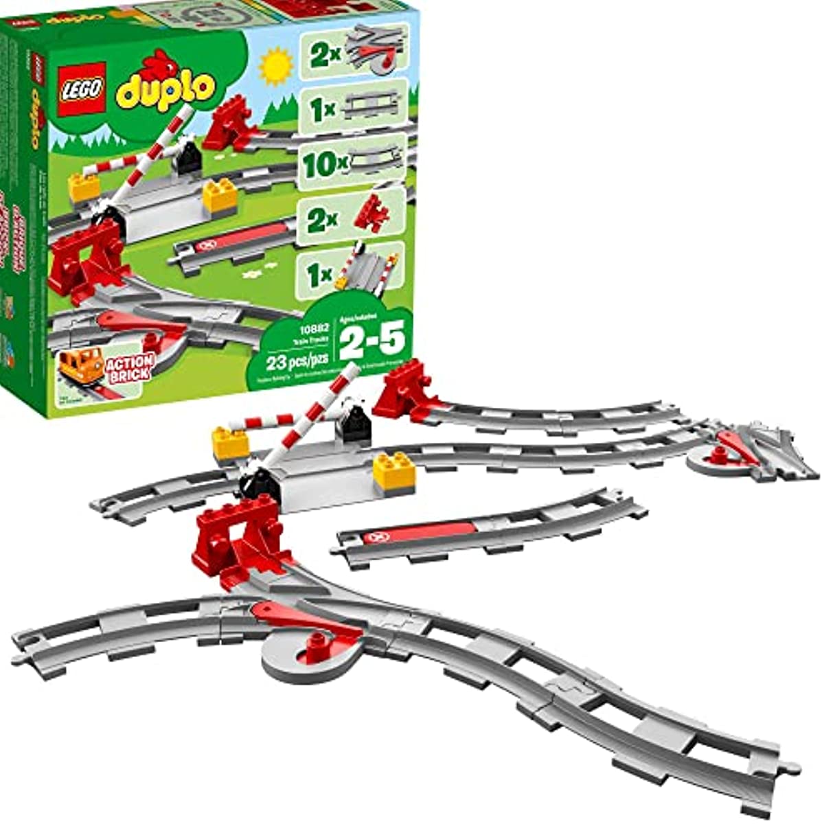 LEGO DUPLO Town Train Tracks Expansion Set 10882, Building Toys for Toddlers with Red Action Brick, Gifts for 2-5 Year Old Boys and Girls