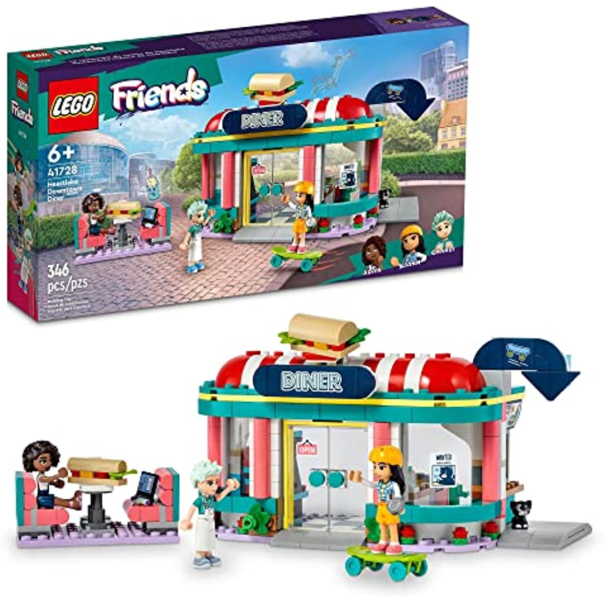 LEGO Friends Heartlake Downtown Diner 41728, Restaurant Playset, Toy for Kids Ages 6 Plus, Birthday Gift Idea with Liann, Aliya and Charli Mini-Dolls
