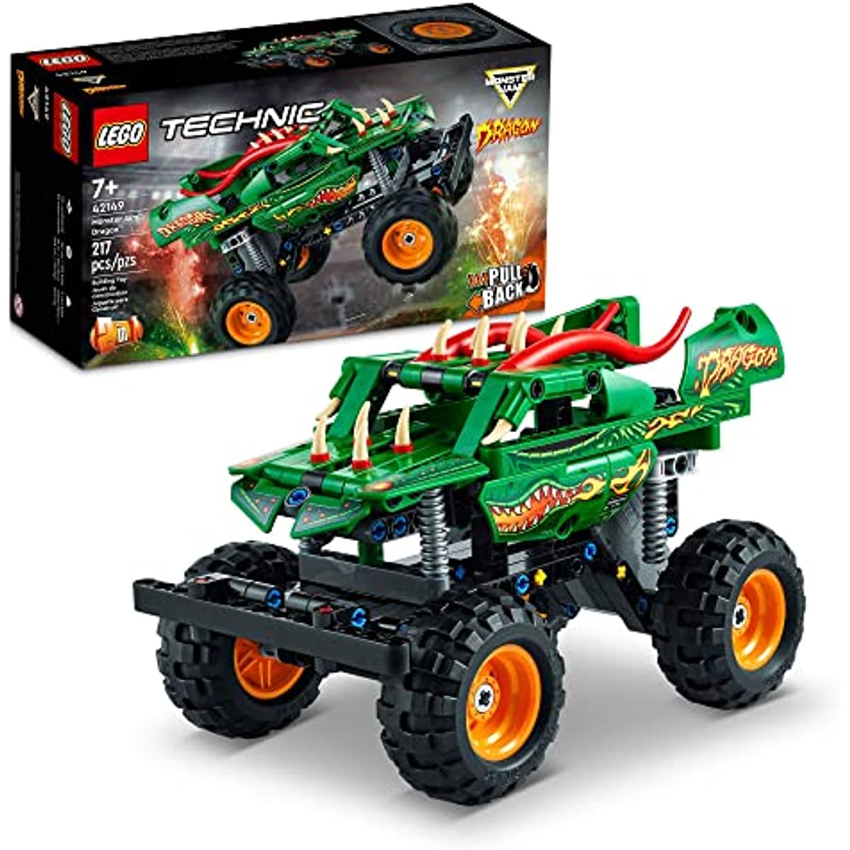 LEGO Technic Monster Jam Dragon 42149, Monster Truck Toy for Boys and Girls, 2in1 Racing Pull Back Car Toys for Off Road Stunts, Kids Birthday Gift Idea