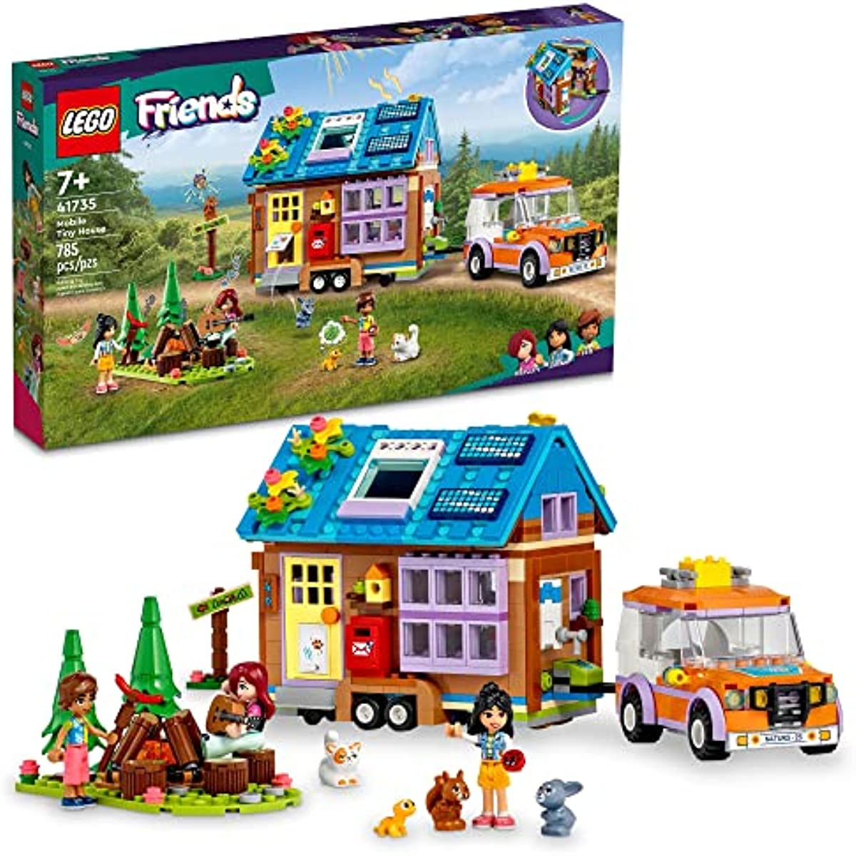 LEGO Friends Mobile Tiny House 41735, Forest Camping Opening Dollhouse Playset with Toy Car, Leo & Liann Mini-Dolls, Gift Idea for Kids 7 Plus