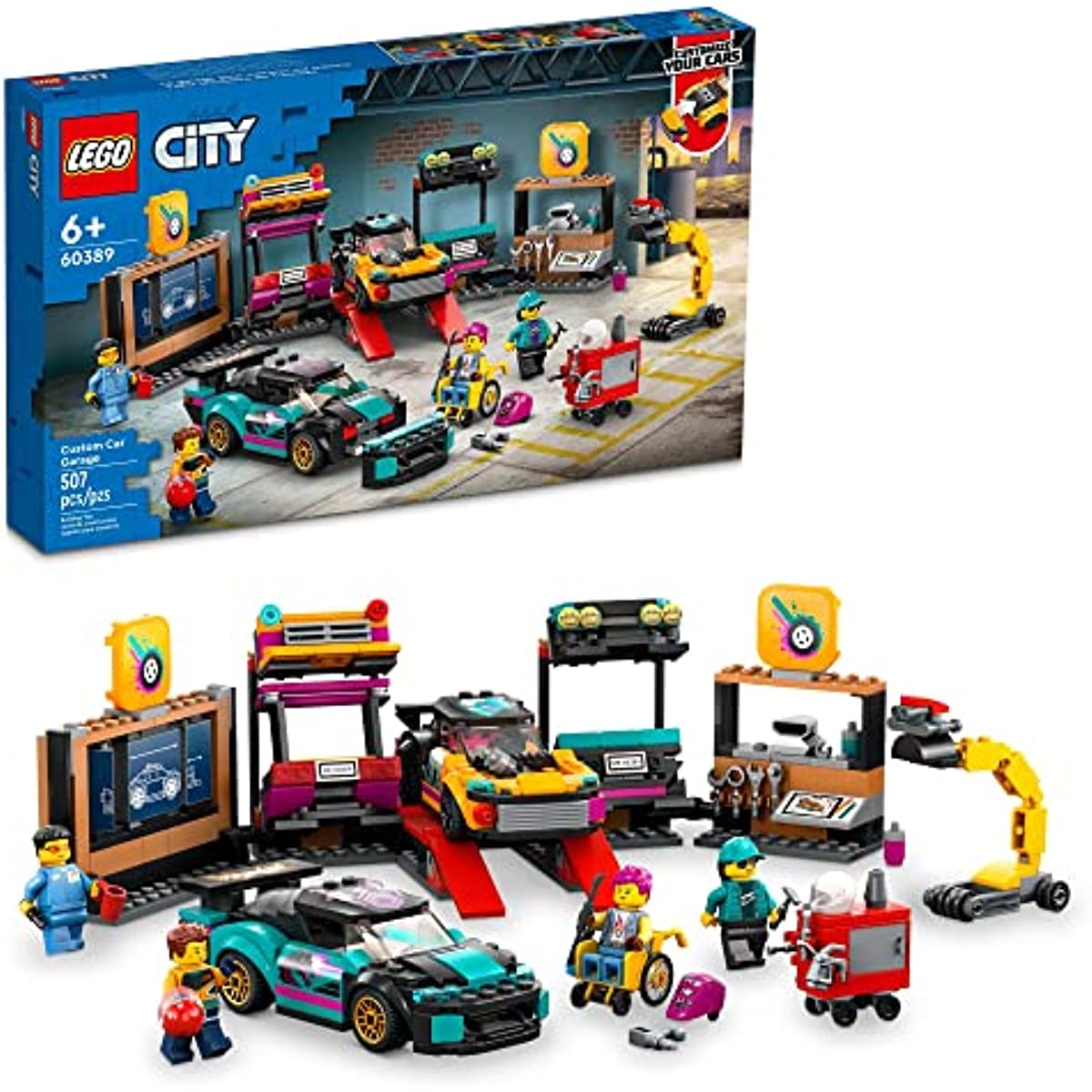LEGO City Custom Car Garage 60389, Toy Set with 2 Customizable Cars, Mechanic Workshop and 4 Minifigures, Birthday Gift Idea for Boys and Girls Ages 6 Plus Years Old