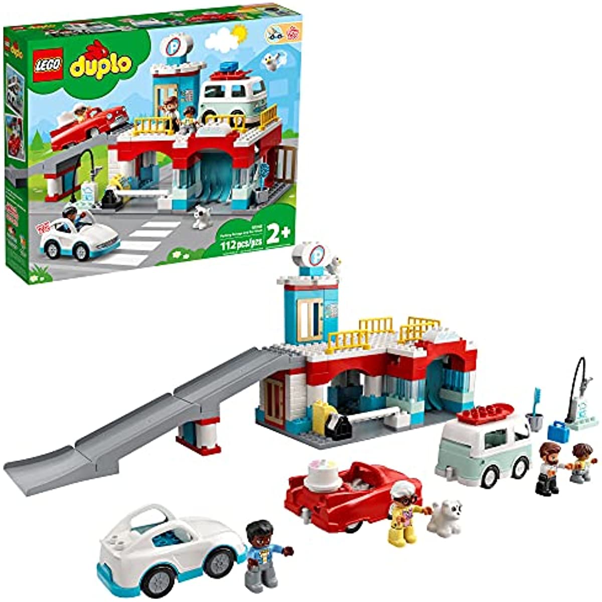 LEGO DUPLO Car Park and Wash Set 10948, Learning Toy for Toddlers with Garage, Petrol Station & Push Along Car, Gifts for 2 Plus Year Old Boys & Girls