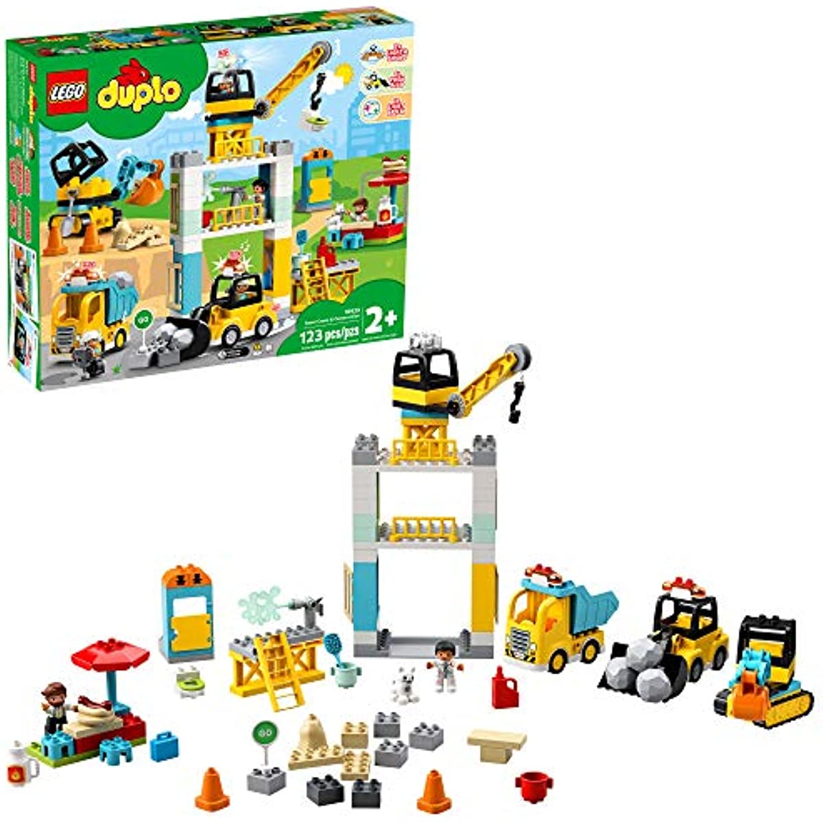 LEGO DUPLO Construction Tower Crane & Construction 10933 Creative Building Playset with Toy Vehicles; Build Fine Motor, Social and Emotional Skills; Gift for Toddlers (123 Pieces)