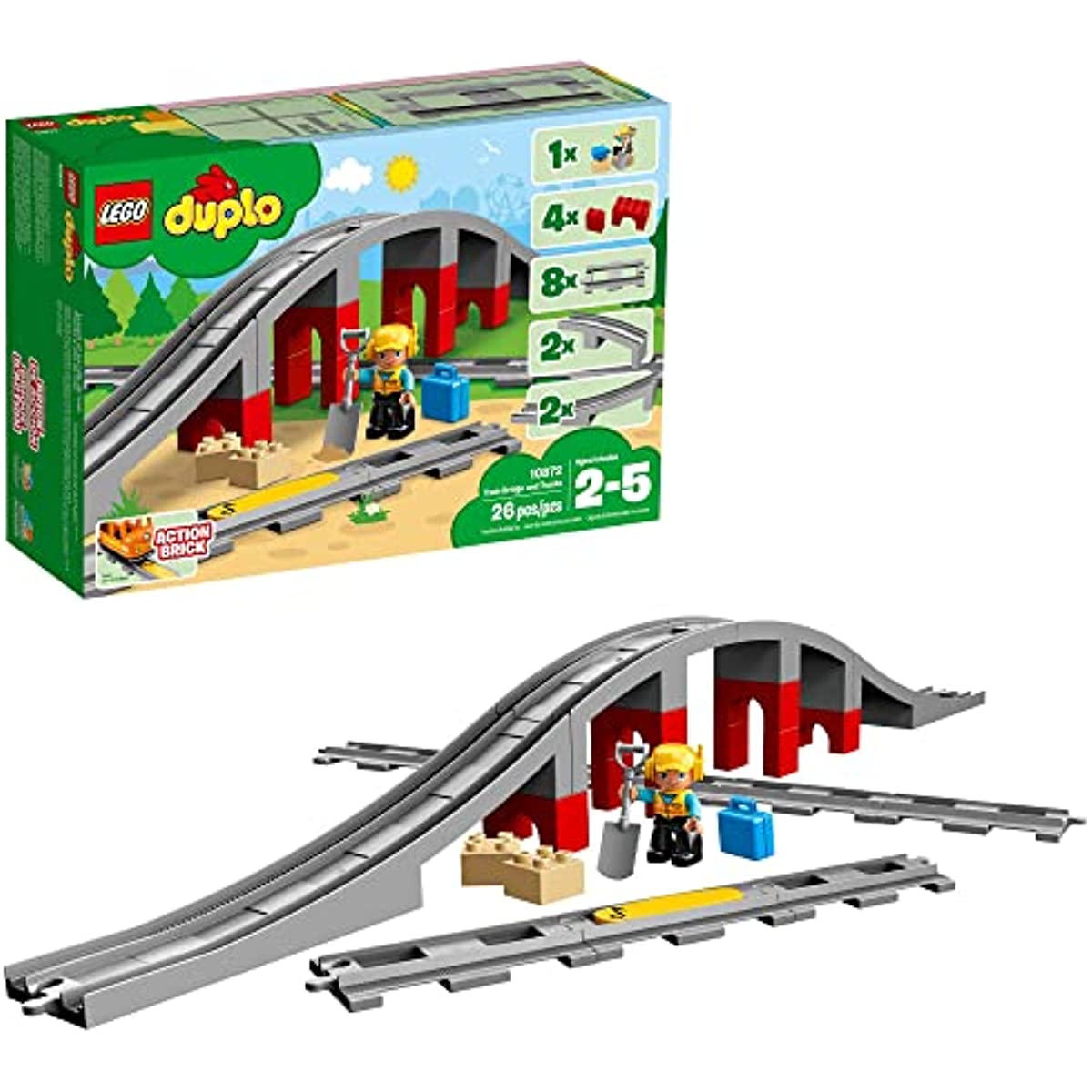 LEGO DUPLO Town Train Bridge and Tracks 10872 Toy for Kids, Building Bricks Set with Horn Sound Action Brick, Trains Rails Extension Set