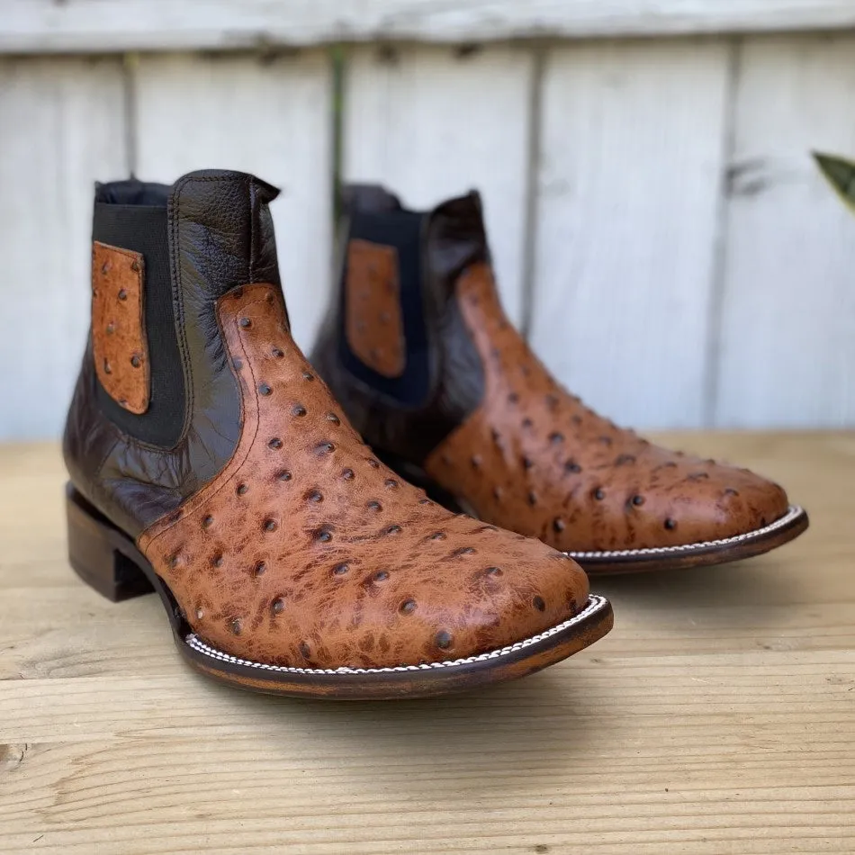 JB-727 Ostrich Print Cognac- Exotic Western Ankle Boots for Men