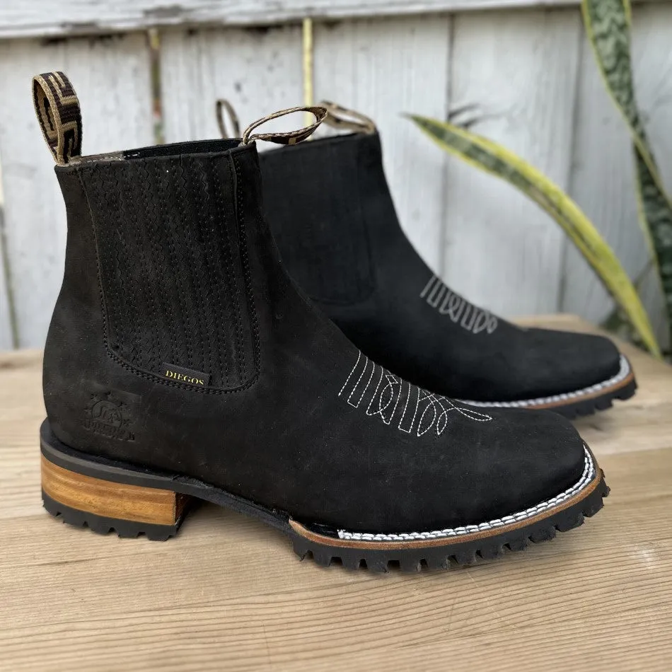 DB-777 Black - Western Ankle Boots with Tractor Sole for Men