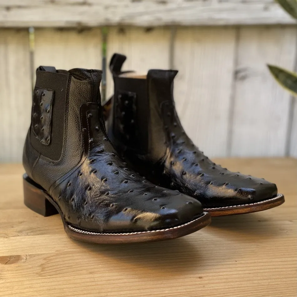 JB-727 Ostrich Print Negro - Exotic Western Ankle Boots for Men