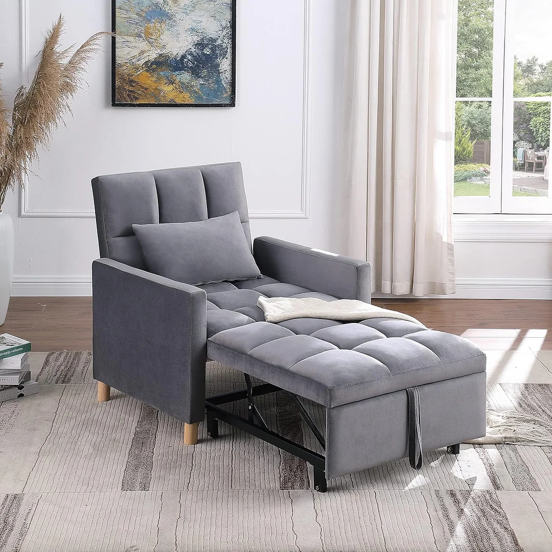 Otnqu Cama con sillón cama, sofá cama individual convertible con almohada, cama extraíble con respaldo ajustable, sillón multifuncional para sala de estar (gris)