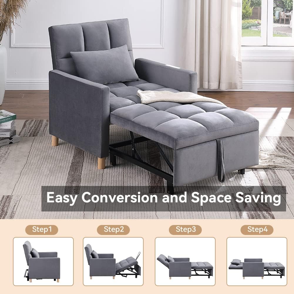 Otnqu Cama con sillón cama, sofá cama individual convertible con almohada, cama extraíble con respaldo ajustable, sillón multifuncional para sala de estar (gris)
