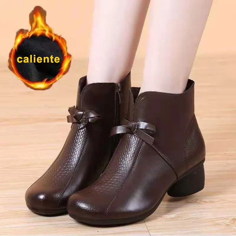 【100% piel de vacuno】Botas cálidas con punta redonda
