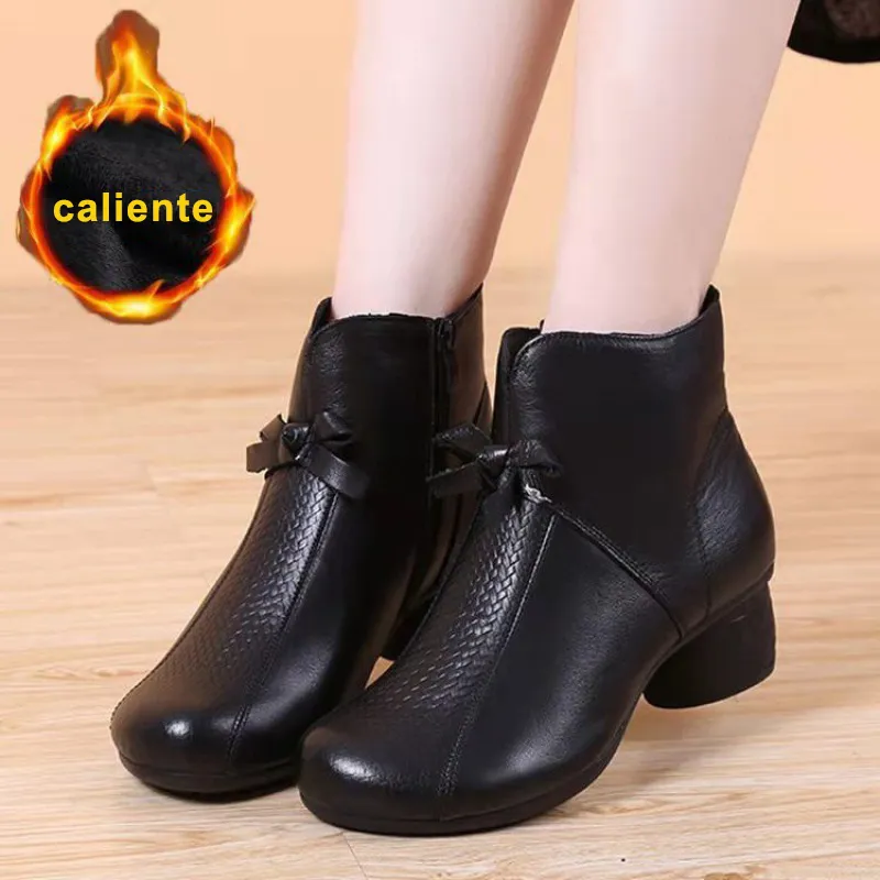 【100% piel de vacuno】Botas cálidas con punta redonda