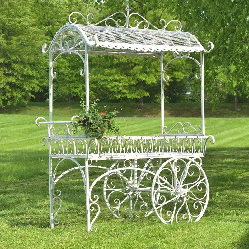 LARGE IRON FLOWER CART WITH ROOF