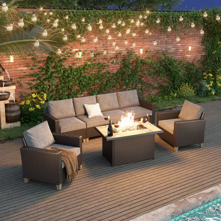 Wicker Sofa With Fire Pit Table Conversation Set Of 7