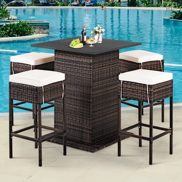 5 Piece Set: Patio Rattan Bar Table Stool Set W/ Storage