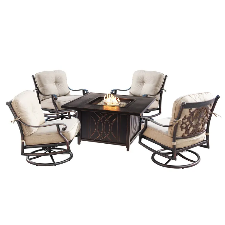 Outdoor Aluminum 42 In. Square Fire Table Set With Four Deep Seating Swivel Rocking Chairs, Fire Beads, Lid, Propane Tank Cover And Table Fabric Cover