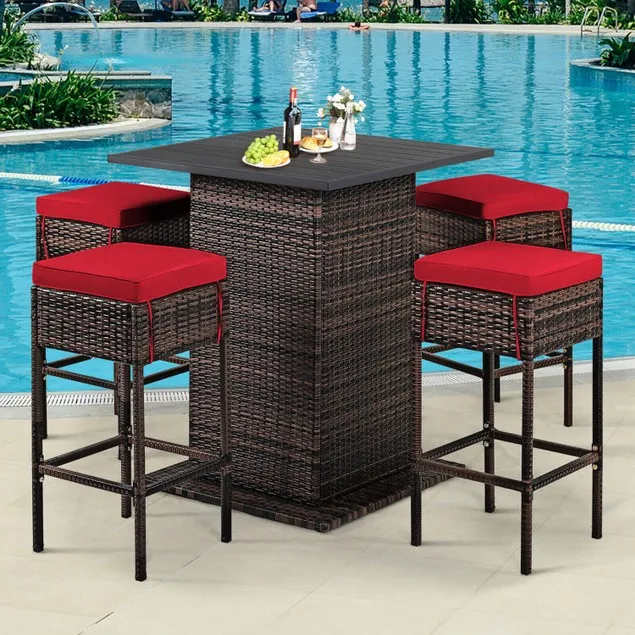 5 Piece Set: Patio Rattan Bar Table Stool Set W/ Storage