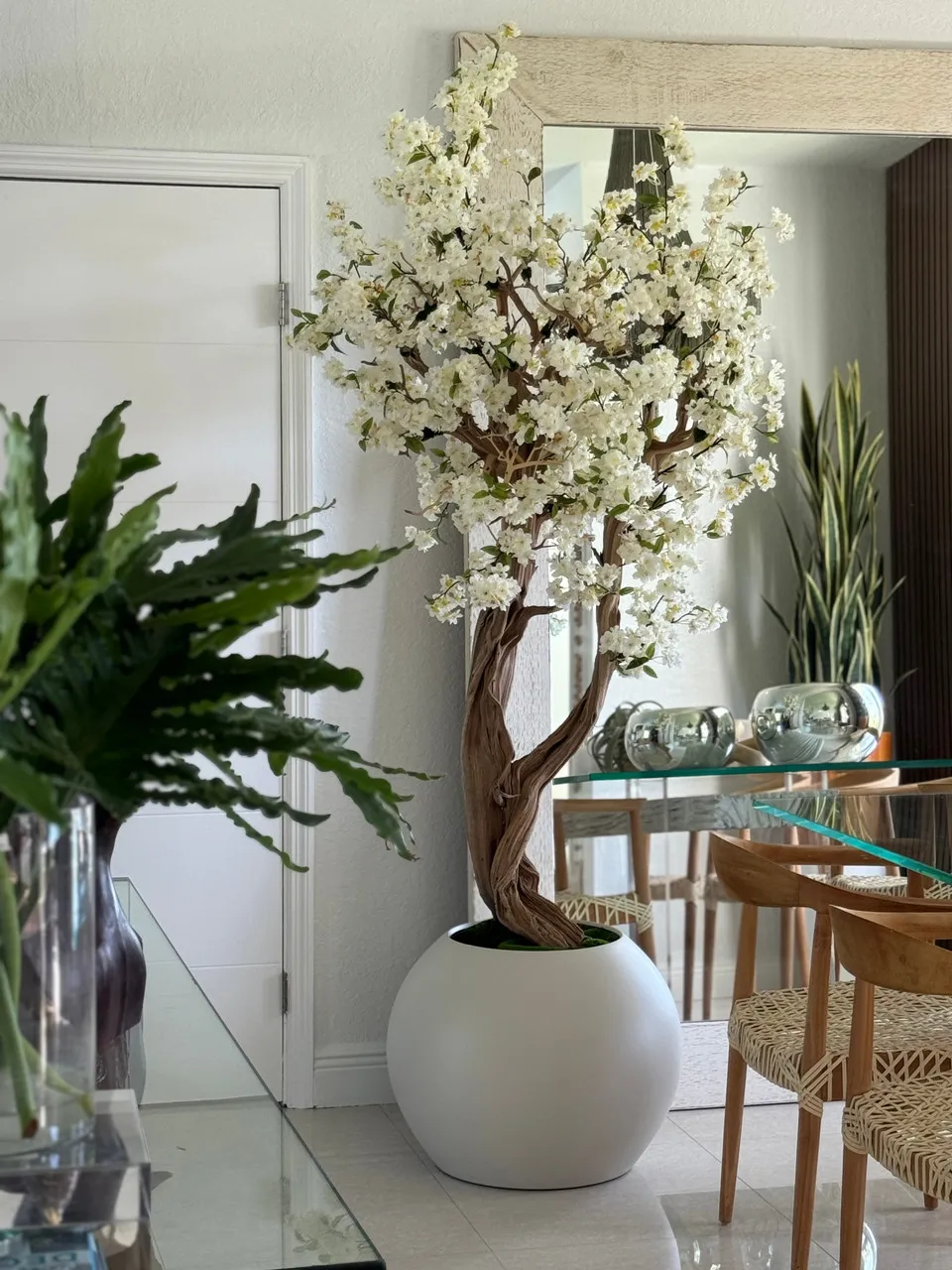 Matte Beige Globe with Custom Made Cherry Blossom Tree ( With Flower Pots)