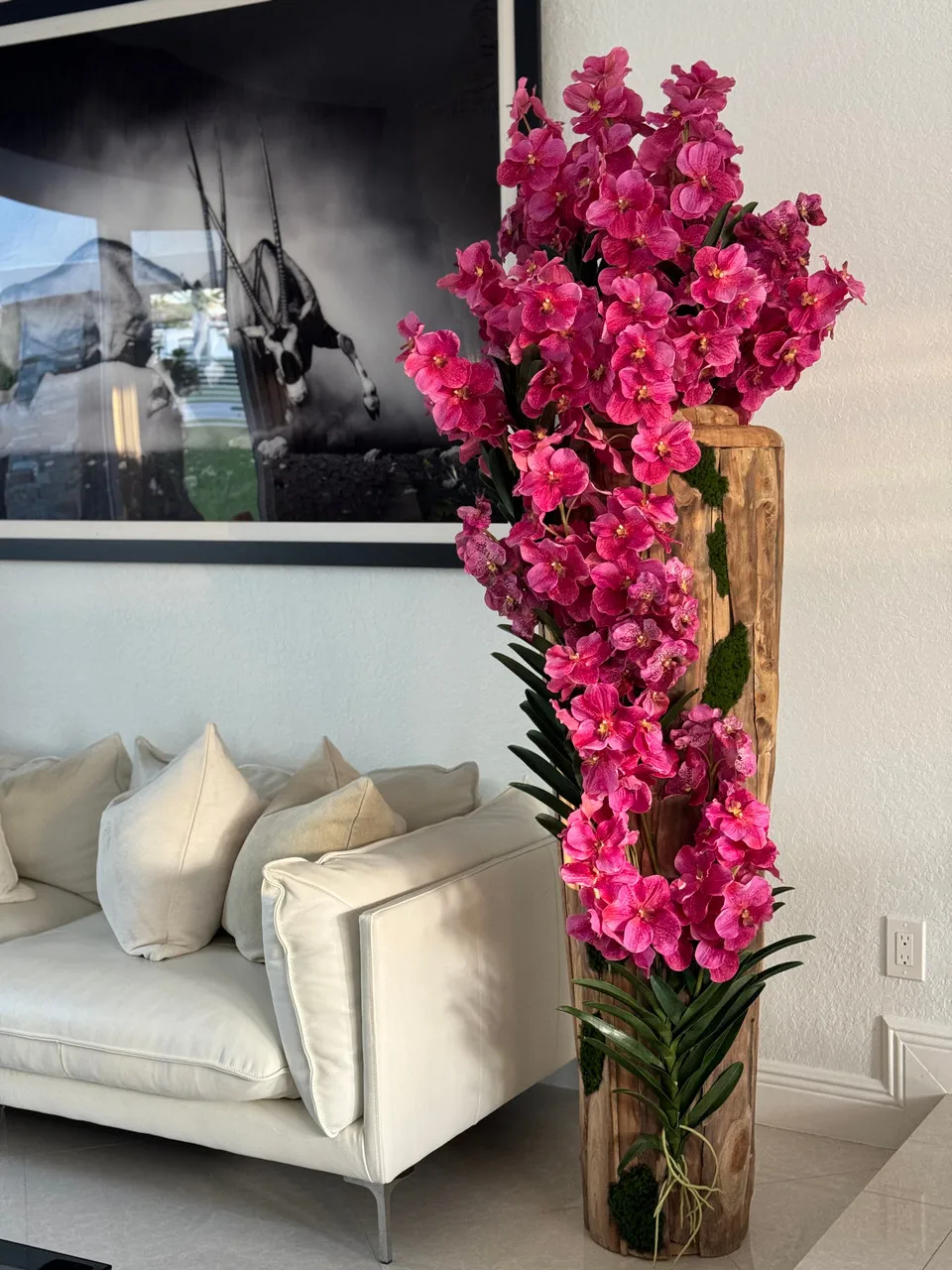 Large Live Edge Teak Vase with Pink Vanda Orchids ( With Flower Pots)