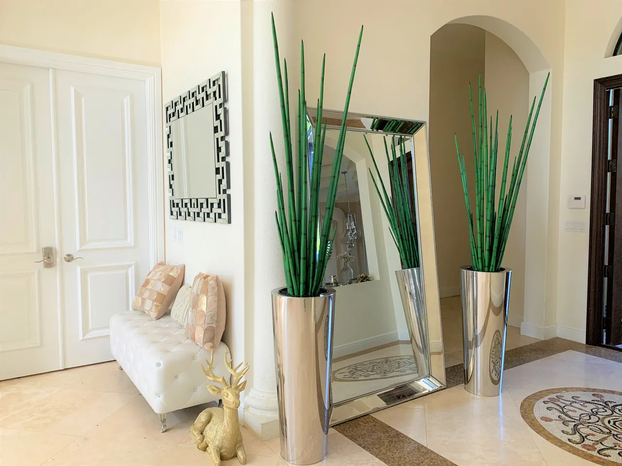 Polished Stainless Steel Large Cone with Large Snake Grass Plant ( With Flower Pots)