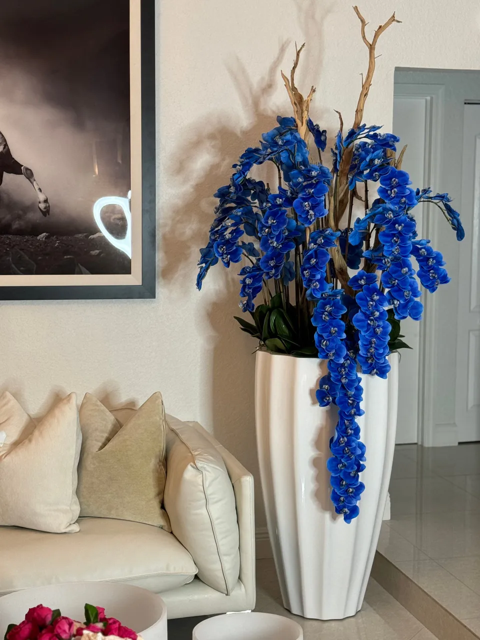 San Jose Planter in White with Cascading Blue Orchids ( With Flower Pots)
