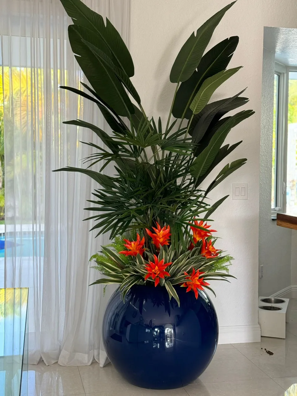Tropical Mix Plants in Cobalt Blue Globe Planter ( With Flower Pots)