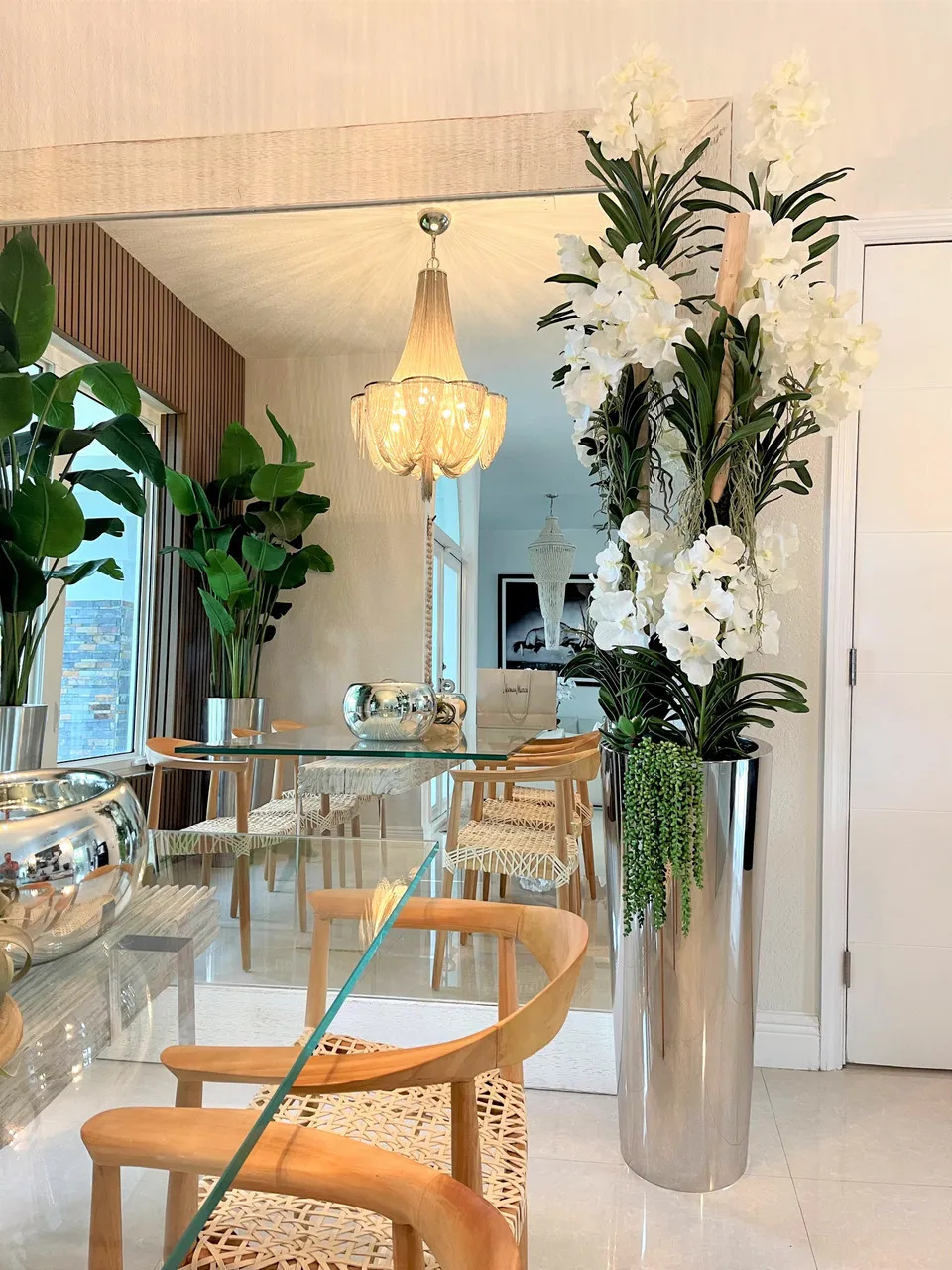 White Vandas in Stainless Steel Cone Planter ( With Flower Pots)