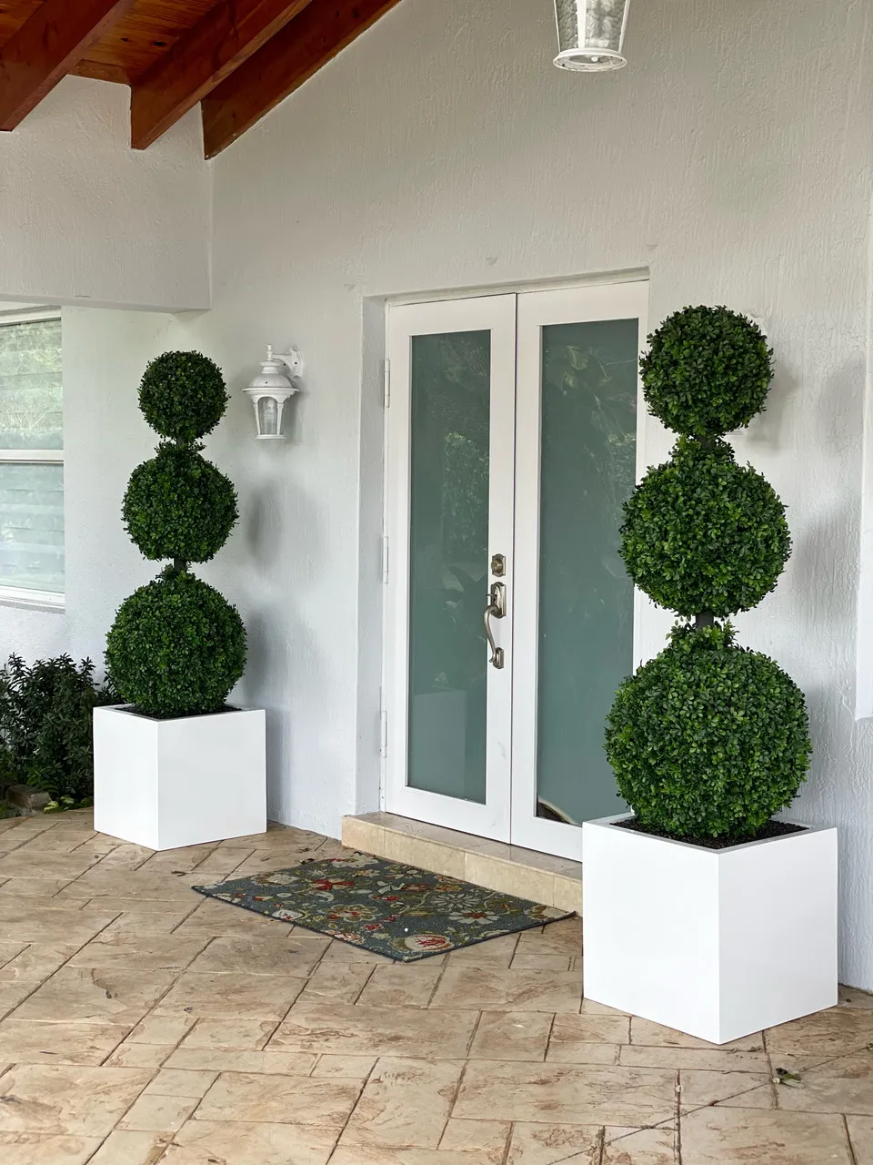 Triple Ball Topiary with Large Block Fiberglass Vase ( With Flower Pots)