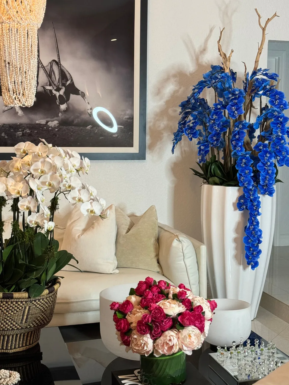 San Jose Planter in White with Cascading Blue Orchids ( With Flower Pots)