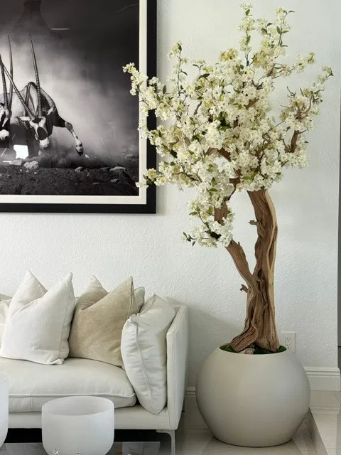 Matte Beige Globe with Custom Made Cherry Blossom Tree ( With Flower Pots)