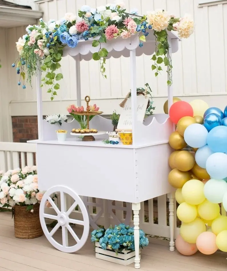 Carro Dulce sobre ruedas| Carro de dulces decorativo | carrito de dulces para adultos | Puesto de pasteles, mini bar | Decoración de fiestas | Decoraciones de boda | idea de boda