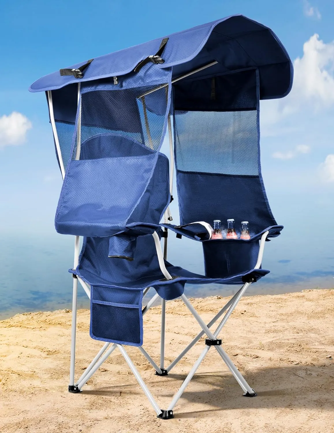 Silla de playa con dosel con refrigerador, silla de playa con sombra de dosel, portavasos, bolsillo lateral para deportes al aire libre, playa, camping, portones traseros, pesca - Soporte 330 LBS