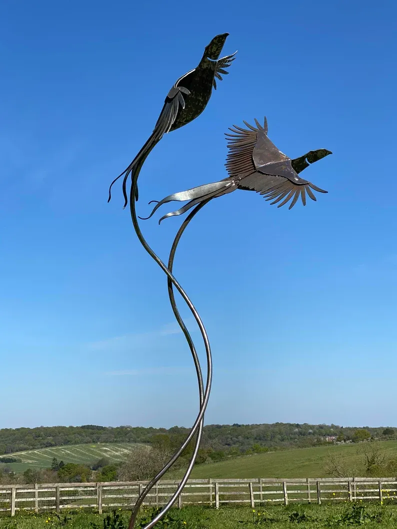 Large Metal Brace of Pheasants Modern Garden Sculpture