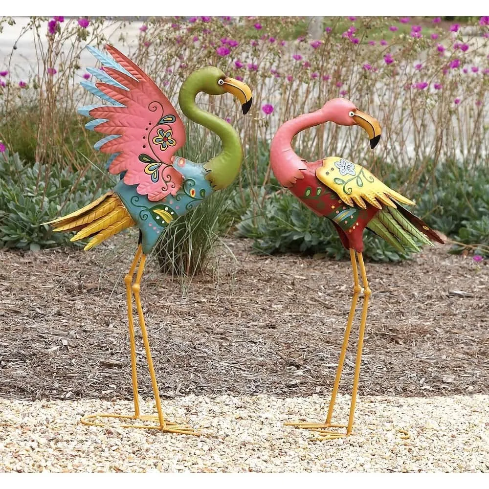 Multicolor Iron Coastal Flamingo Bird Garden Sculptures (Set of 2)