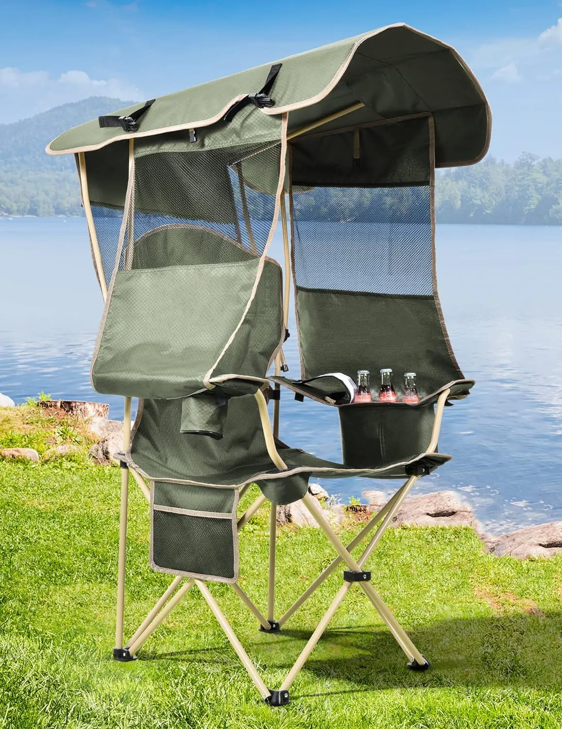 Silla de playa con dosel con refrigerador, silla de playa con sombra de dosel, portavasos, bolsillo lateral para deportes al aire libre, playa, camping, portones traseros, pesca - Soporte 330 LBS