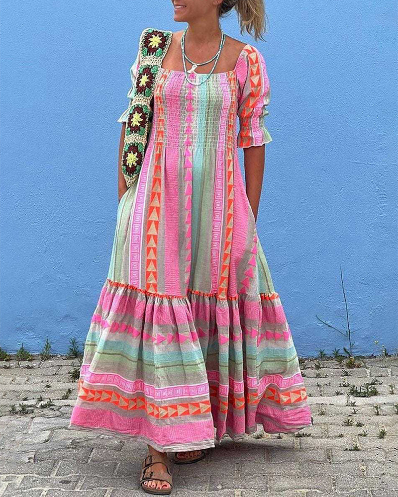 Geometric Color-block Bohemian Pleated Patchwork Half-sleeved Square-neck Dress